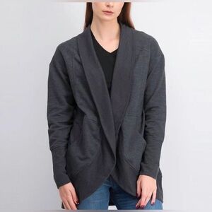 Eddie Bauer Cardigan Open Front Camp Fleece Wrap Pockets Gray Charcoal Women L